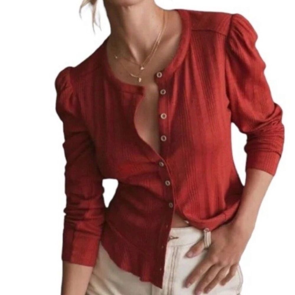 PILCRO | Ribbed Knit Button Front Puff Sleeve Cardigan Top Women’s Size Medium